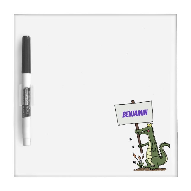 Funny crocodile aligator with sign cartoon dry erase board (Front)