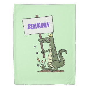 Funny crocodile aligator with sign cartoon duvet cover