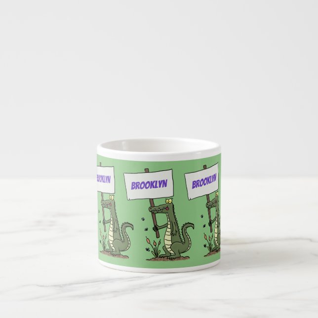 Funny crocodile aligator with sign cartoon espresso cup (Front)