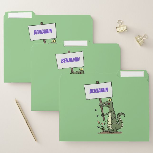 Funny crocodile aligator with sign cartoon file folder (Set)