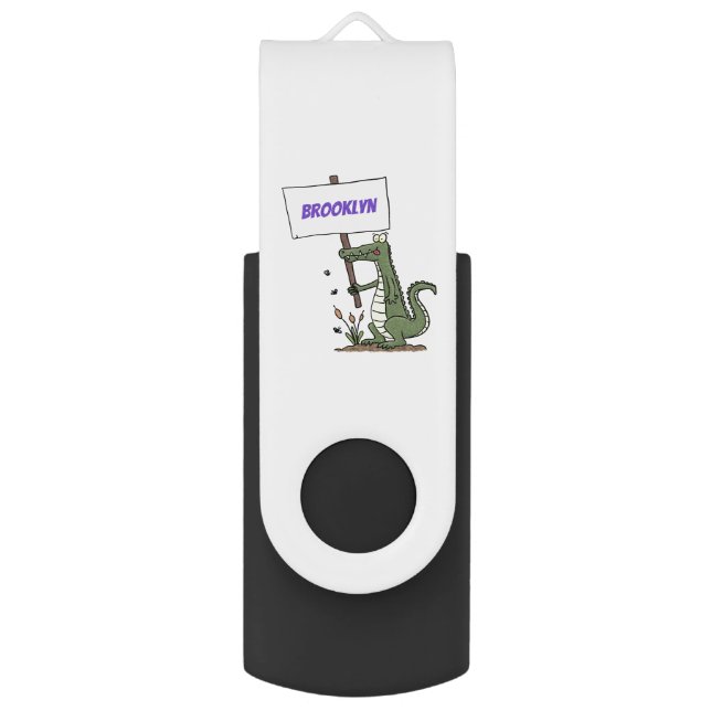 Funny crocodile aligator with sign cartoon flash drive (Front Vertical)