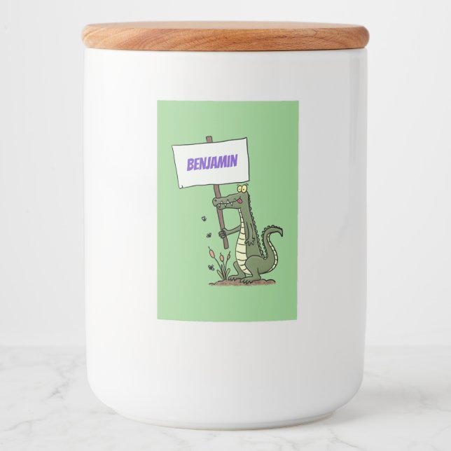 Funny crocodile aligator with sign cartoon food label (Front)