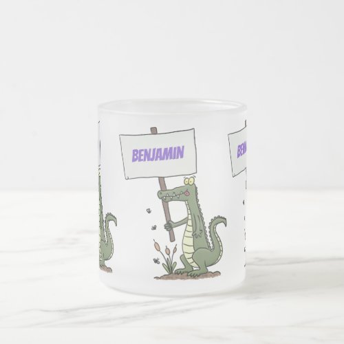 Funny crocodile aligator with sign cartoon frosted glass coffee mug