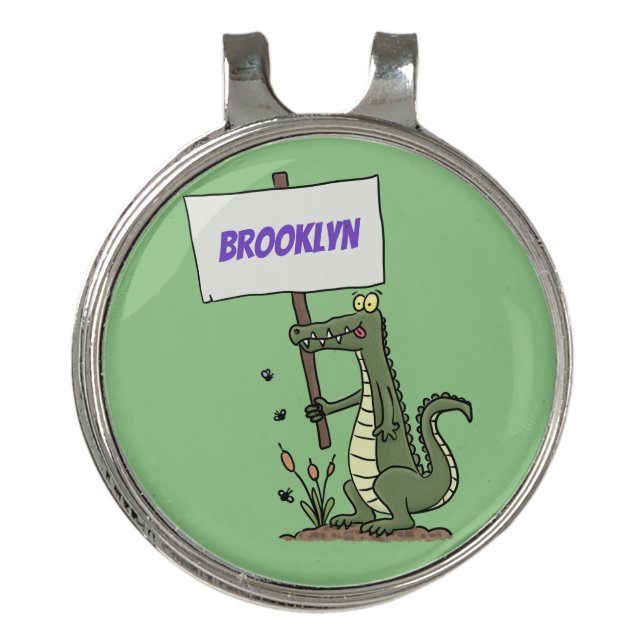 Funny crocodile aligator with sign cartoon golf hat clip (Front)