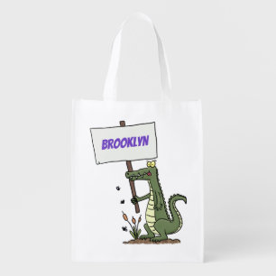 Funny crocodile aligator with sign cartoon grocery bag