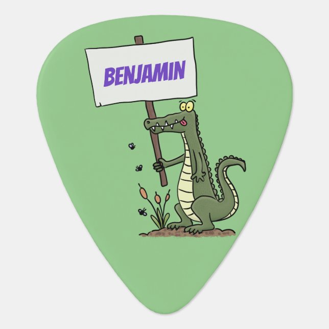 Funny crocodile aligator with sign cartoon guitar pick (Front)