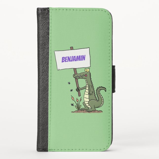 Funny crocodile aligator with sign cartoon iPhone wallet case (Front)