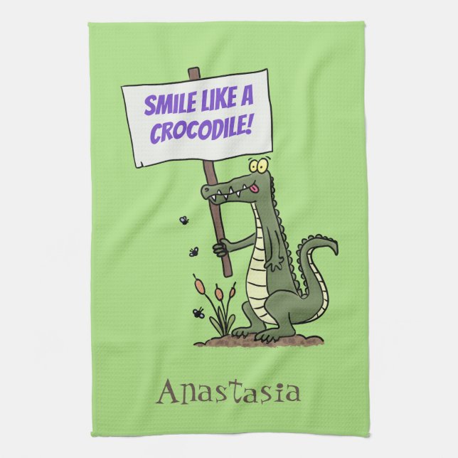 Funny crocodile aligator with sign cartoon kitchen towel (Vertical)
