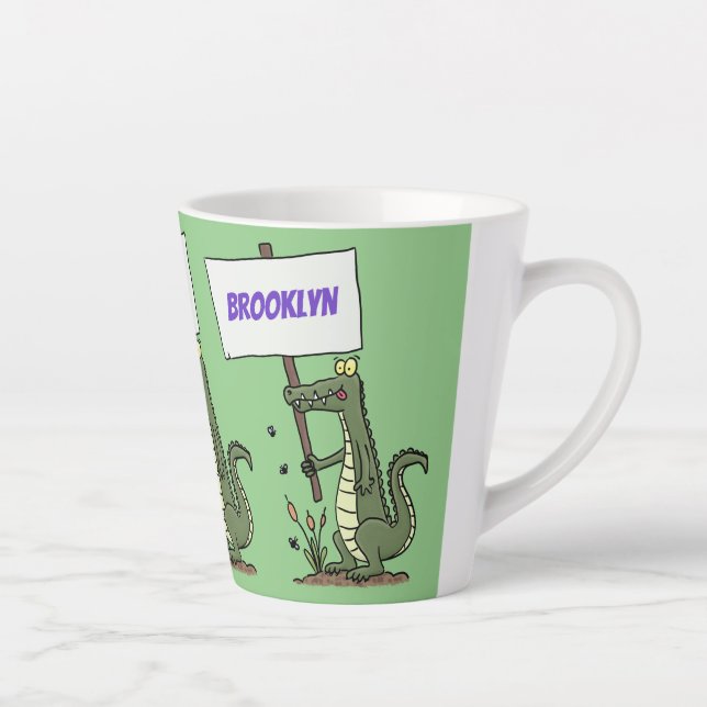Funny crocodile aligator with sign cartoon latte mug (Right)