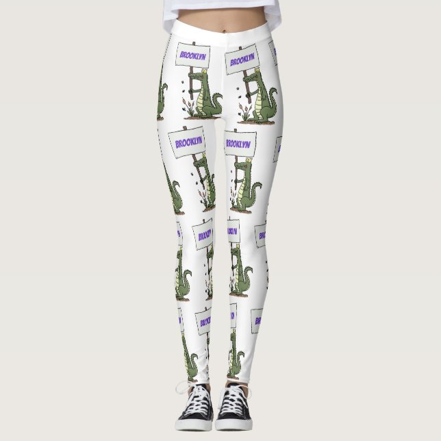 Funny crocodile aligator with sign cartoon leggings (Front)