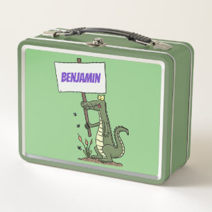 Funny crocodile aligator with sign cartoon metal lunch box