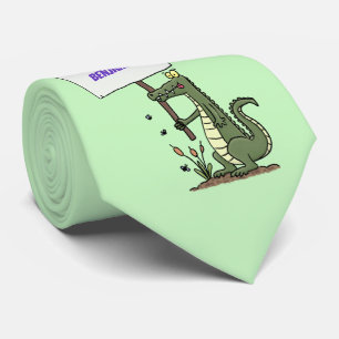 Funny crocodile aligator with sign cartoon neck tie