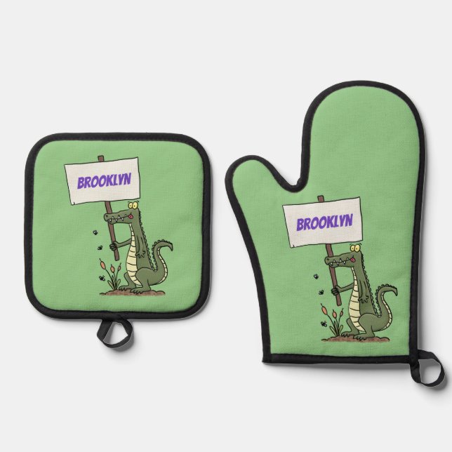 Funny crocodile aligator with sign cartoon oven mitt & pot holder set (Front)