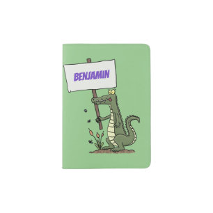 Funny crocodile aligator with sign cartoon passport holder