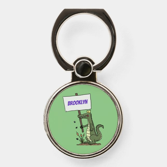 Funny crocodile aligator with sign cartoon phone ring stand (Front)