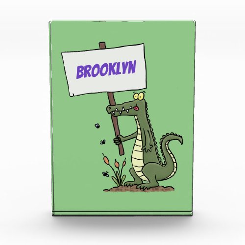 Funny crocodile aligator with sign cartoon photo block