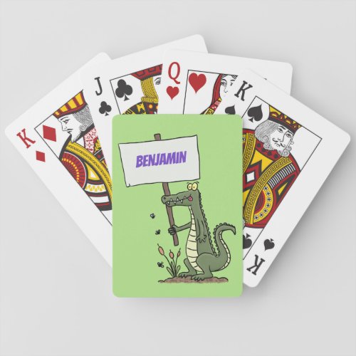 Funny crocodile aligator with sign cartoon poker cards