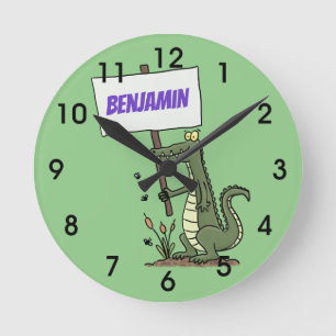 Funny crocodile aligator with sign cartoon round c round clock