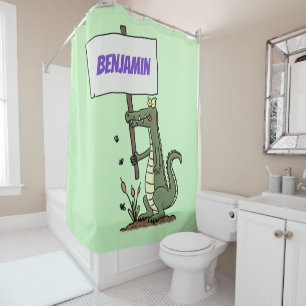 Funny crocodile aligator with sign cartoon shower curtain