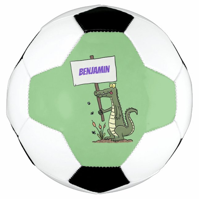 Funny crocodile aligator with sign cartoon soccer ball (Front)