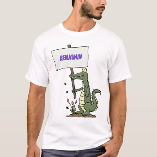 Funny crocodile aligator with sign cartoon T_Shirt