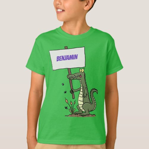 Funny crocodile aligator with sign cartoon T_Shirt