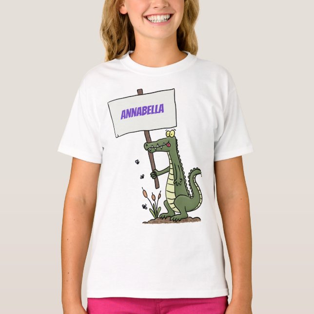 Funny crocodile aligator with sign cartoon T-Shirt (Front)