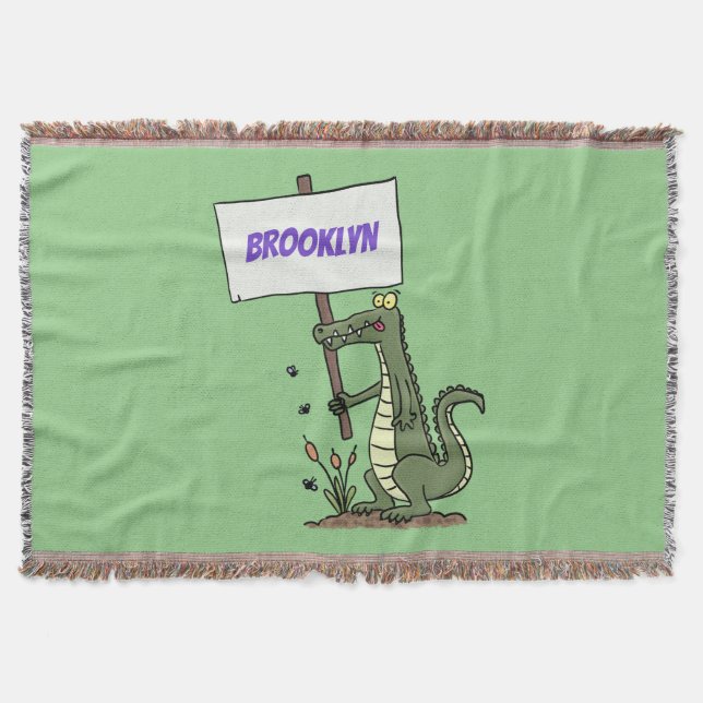 Funny crocodile aligator with sign cartoon throw blanket (Front)
