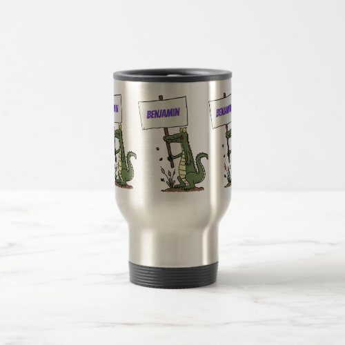 Funny crocodile aligator with sign cartoon travel mug