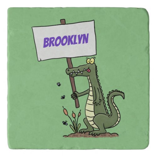 Funny crocodile aligator with sign cartoon trivet