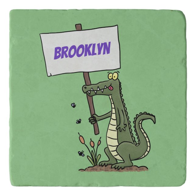 Funny crocodile aligator with sign cartoon trivet (Front)