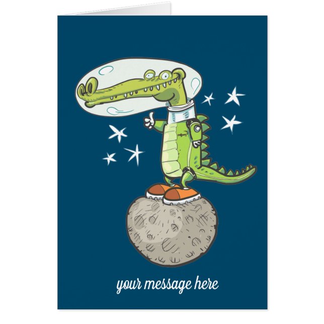 funny crocodile astronaut in space cartoon cards (Front)