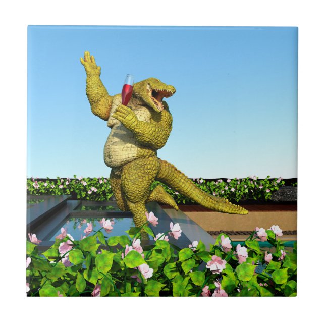 Funny Crocodile Champagne Pool Party Art Ceramic Tile (Front)