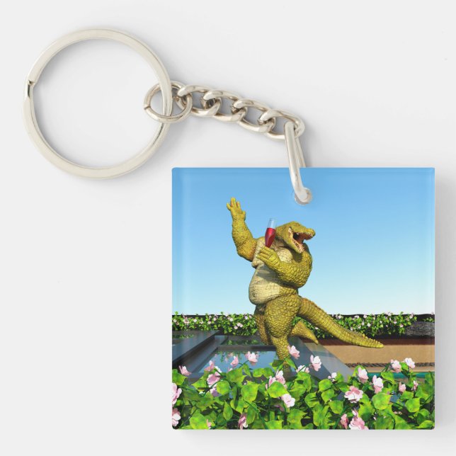 Funny Crocodile Champagne Pool Party Art Keychain (Front)