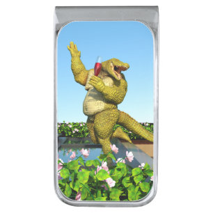 Funny Crocodile Champagne Pool Party Art Silver Finish Money Clip