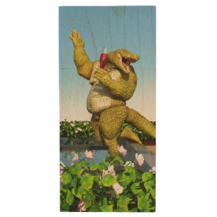 Funny Crocodile Champagne Pool Party Art Wood Flash Drive