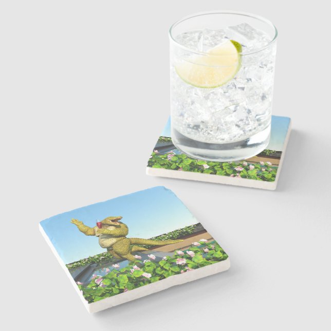 Funny Crocodile Drinking Champagne Stone Coaster (Side)