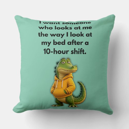 Funny Crocodile in Yellow Hoodie Mint Green Throw Pillow