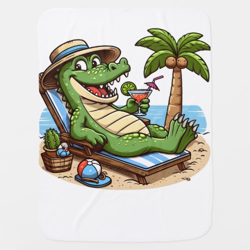 Funny crocodile on the beach drinks a cocktail baby blanket