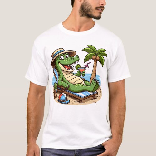 Funny crocodile on the beach drinks a cocktail T_Shirt