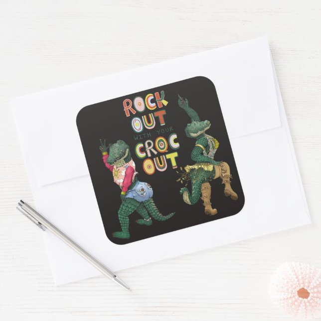 Funny Crocodile Pun Rock Out With Your Croc Out Square Sticker (Envelope)