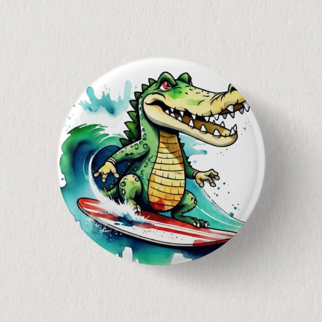 Funny crocodile surfing button (Front)