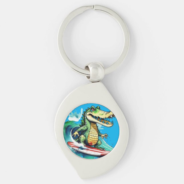 Funny crocodile surfing keychain (Front)
