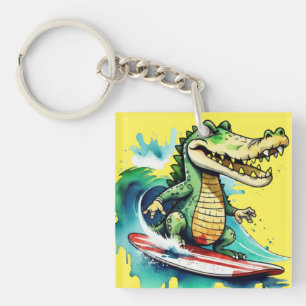 Funny crocodile surfing keychain