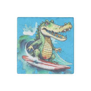 Funny crocodile surfing stone magnet