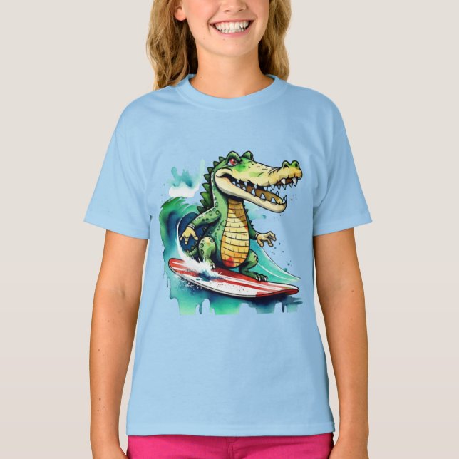 Funny crocodile surfing T-Shirt (Front)