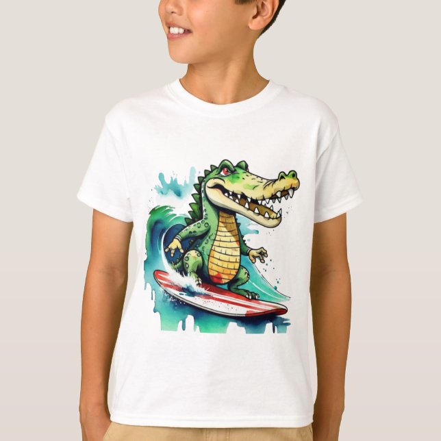 Funny crocodile surfing T-Shirt (Front)