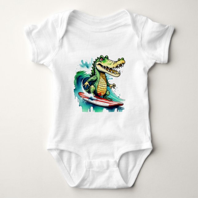 Funny crocodile surfing T-Shirt Baby Bodysuit (Front)