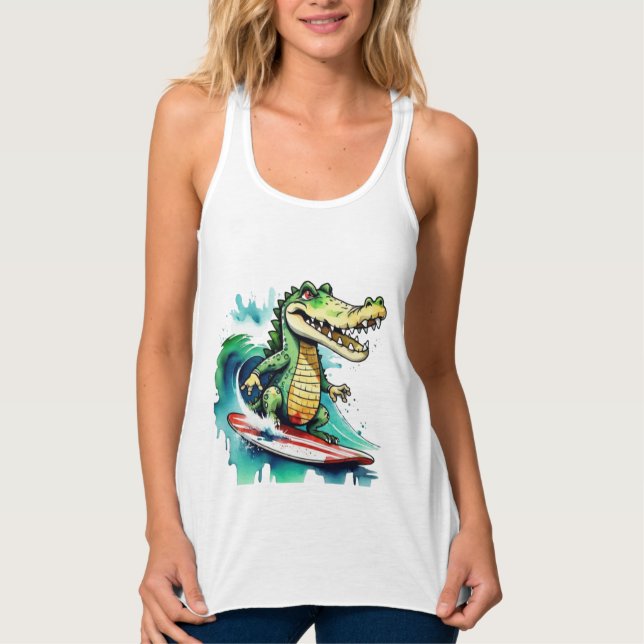 Funny crocodile surfing T-Shirt Tank Top (Front)