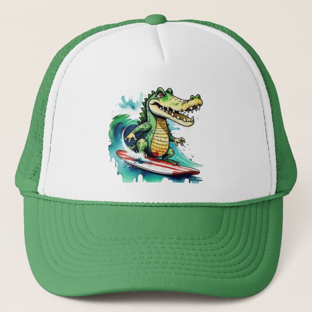 Funny crocodile surfing trucker hat (Front)